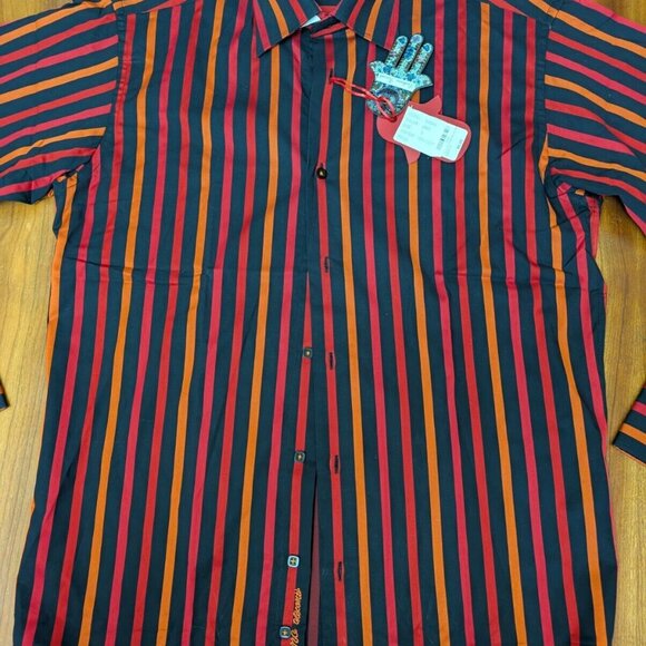 Luchiano Visconti Black Red Mens S Button up Shirt 2-Ply Mercerized Striped New - Picture 1 of 16